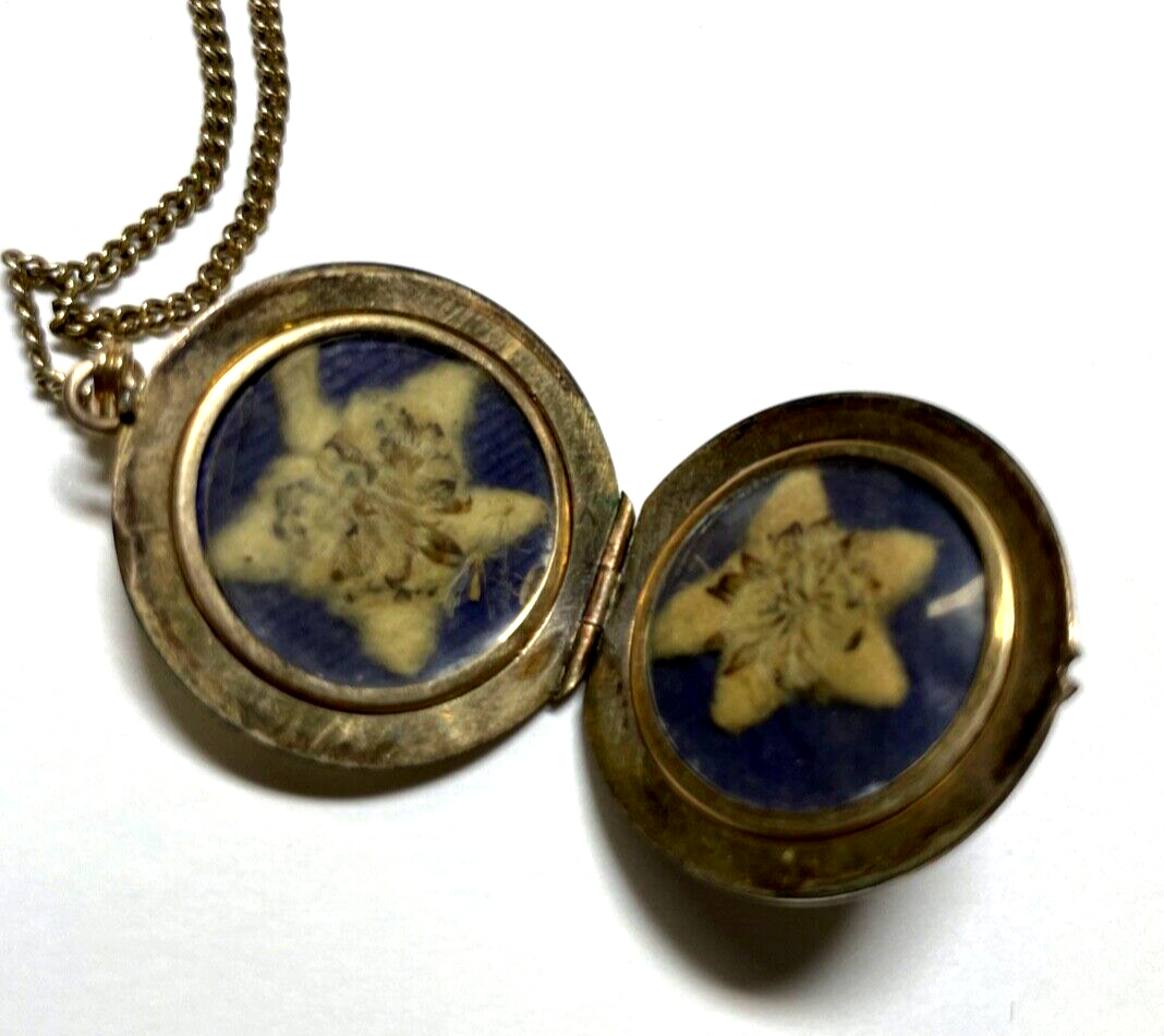 Antik Medaillon Anhänger Golddouble Farbsteine + Kette um 1900 Edelweiß Inlay4