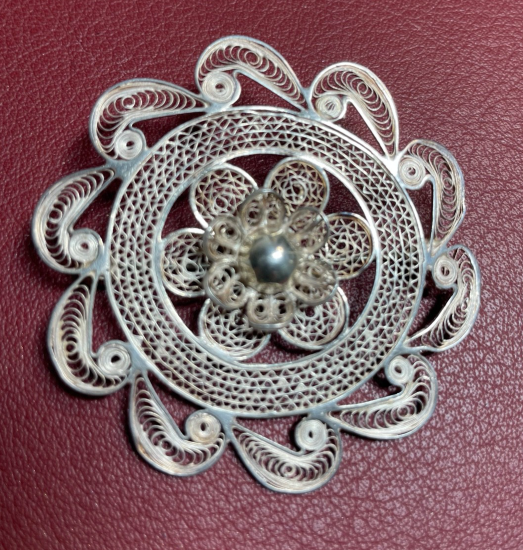 Gr. antik 800 Silber Brosche Anstecknadel Filigransilber Handarbeit Tracht Ø55mm0