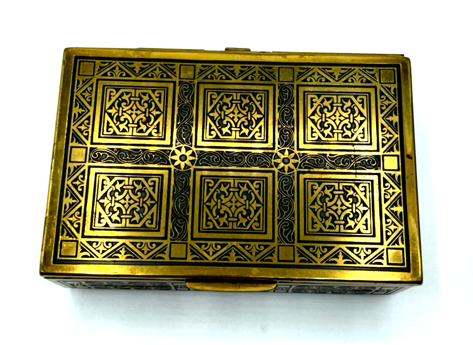 Vintage Messing Zigarettendose 30er J Dose Dekor + Zedernholz Inlay Deckeldose1