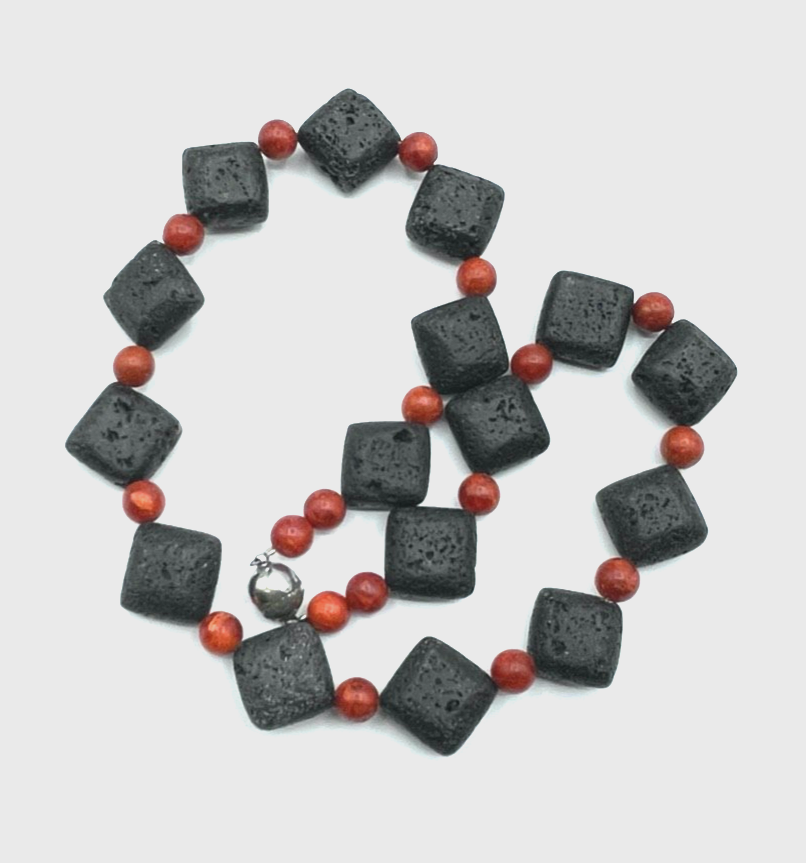 Attraktive Bambuskoralle + Lava Stein Halskette Collier L50 B2,2 cm Magnet Kugel4
