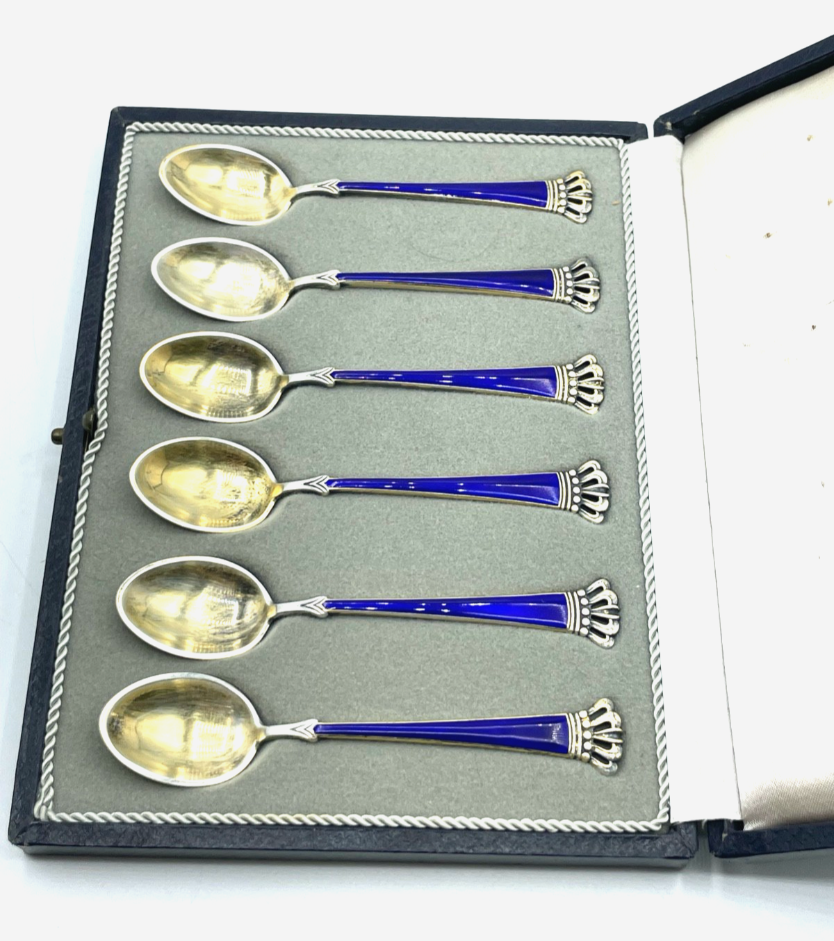 Ela Denmark Sterling Silber 6 Espresso Löffel Set Krone Emaille Etui vergoldet1