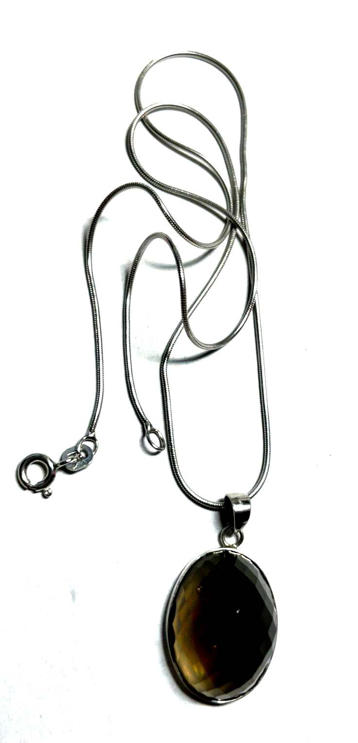 925 Sterling Schlangenkette mit facettiertem Rauchquarz Anhänger top gepfl.0