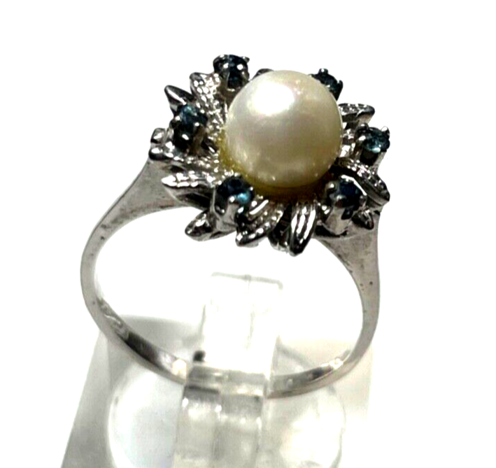 750 Gold 18 K Ring Weißgold Perle + 6 Saphir klassisch Ø 16,2 mm RG 51 Juwelier2