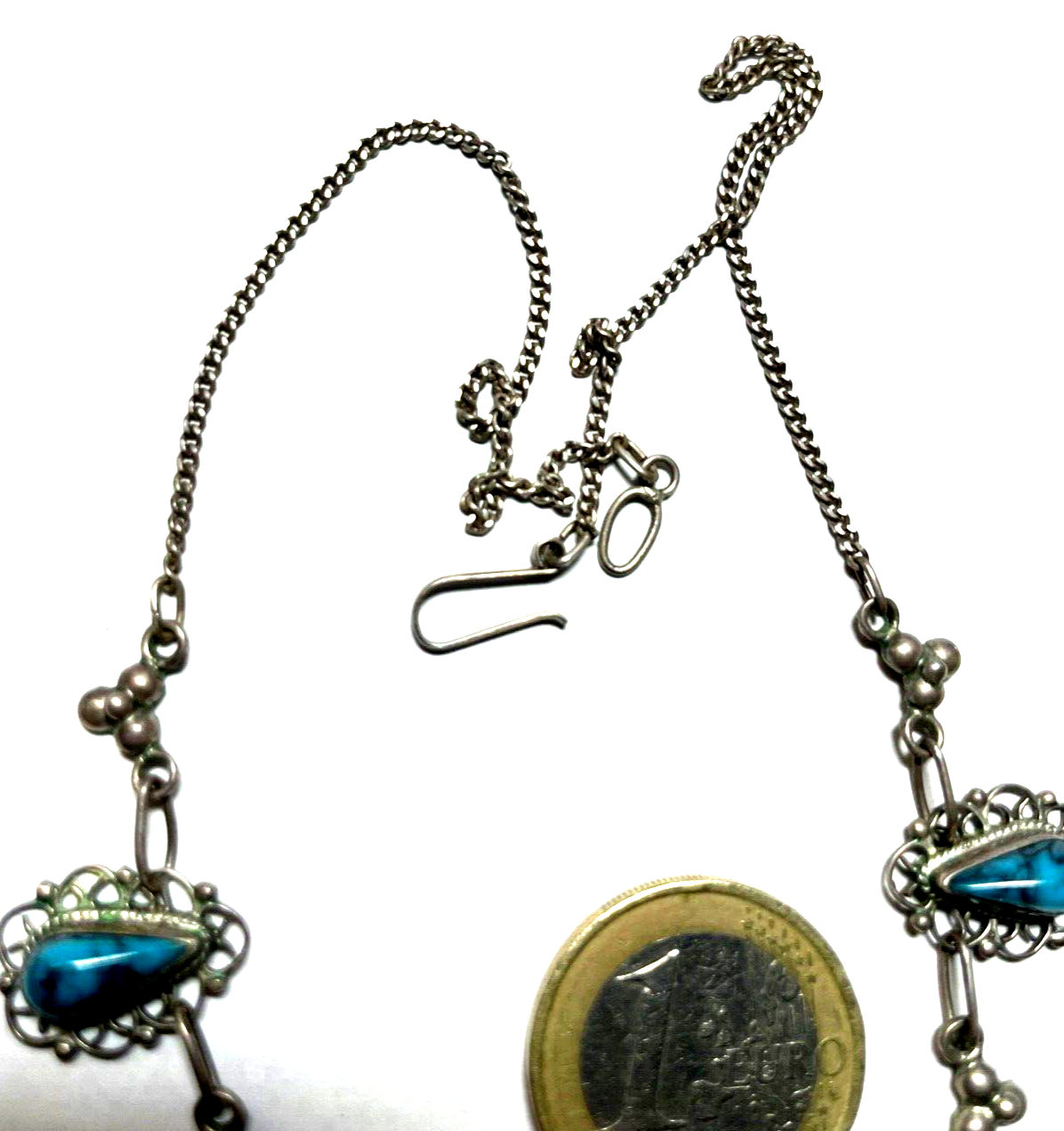 925 Sterling Silber Kette Collier mit 5x Türkis Mexiko Handarbeit sehr apart4