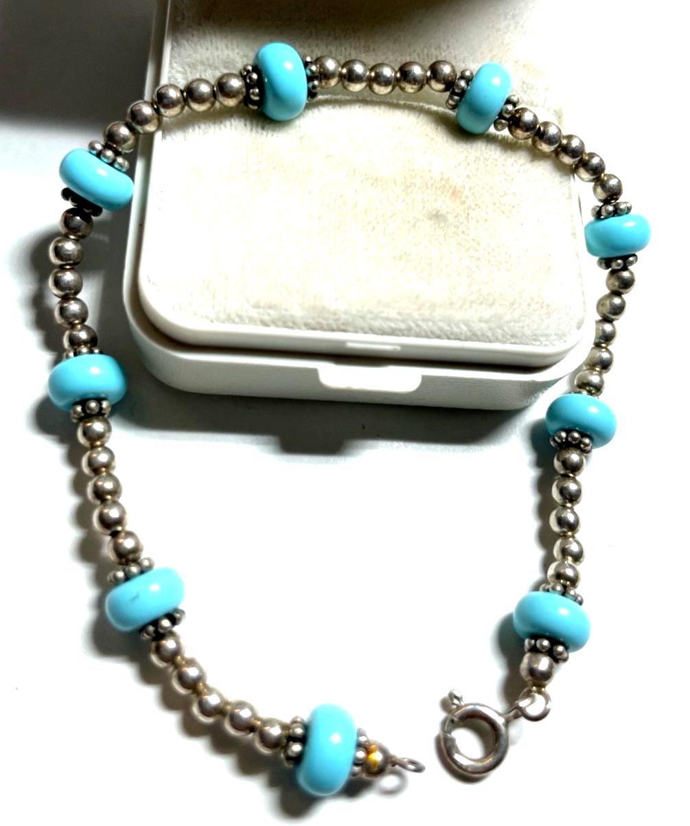 925 Sterling Armband + Türkis farbigen Perlen Silber Armkette gepflegt L 18,5 cm0