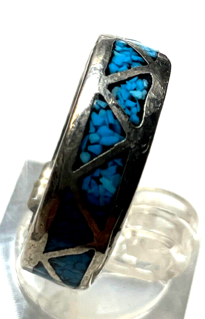 Aparter vintage unisex Bandring 925 Silber Ring mit Türkis Mosaik Ø 17,5mm RG 552
