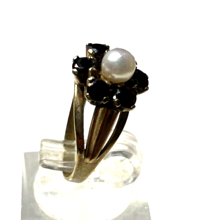 Vintage 333 Gold 8 K Ring 6 Granat + 1 Perle Ø 16 mm RG 50 Klassiker gepflegt2