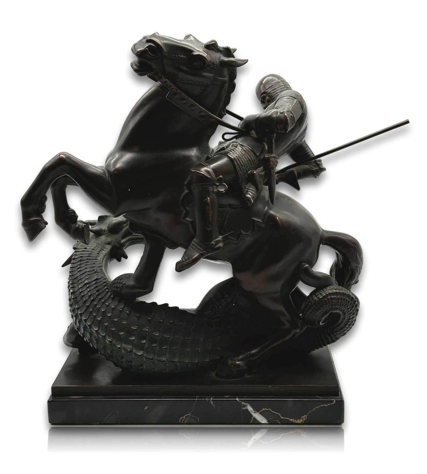 Große Bronze Skulptur - Hl. Georg tötet Drachen - um 1930 - auf Marmorsockel5