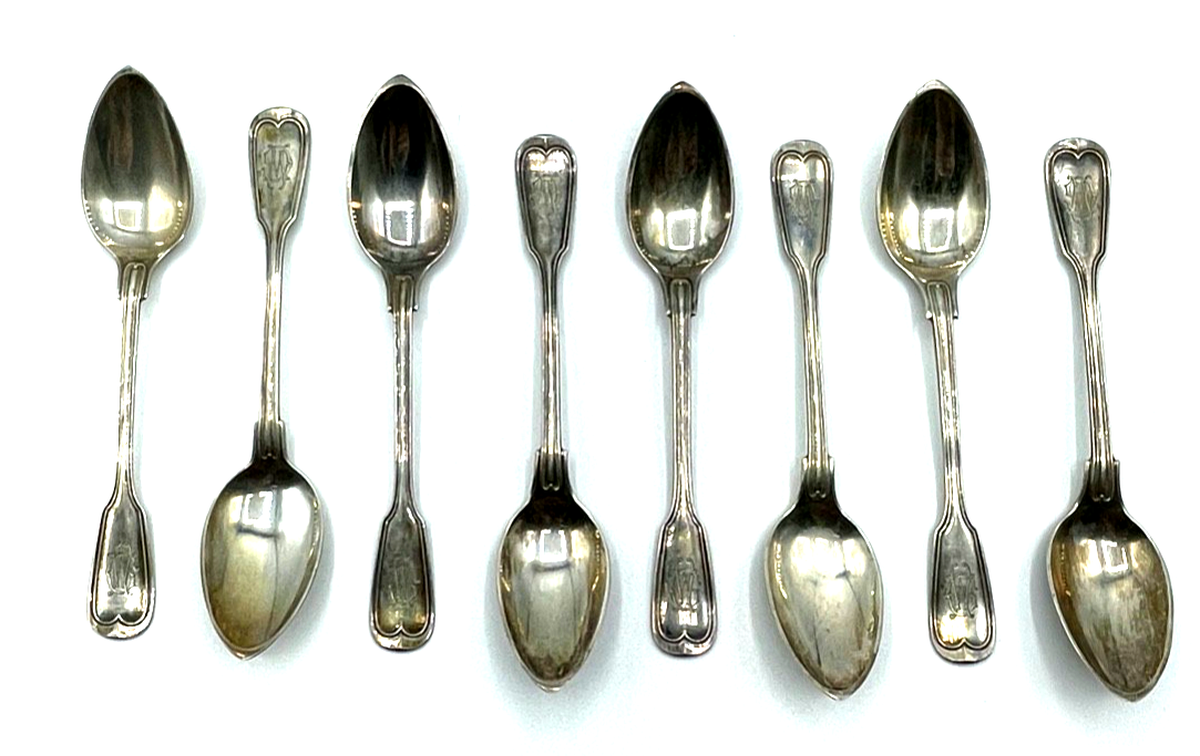 Antik Augsburger Faden Friedländer 800 Silber Kaffeelöffel Set 8 St WG GW Gravur0