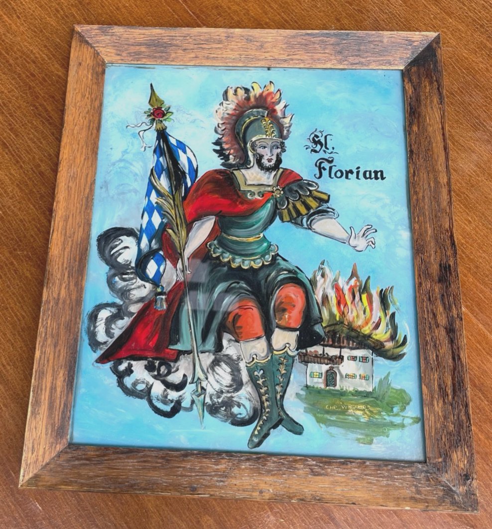 Große Hinterglasmalerei Hinterglasbild Schutzpatron Hl. Florian gerahmt H 36 cm1