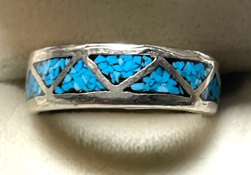 Aparter vintage unisex Bandring 925 Silber Ring mit Türkis Mosaik Ø 17,5mm RG 559
