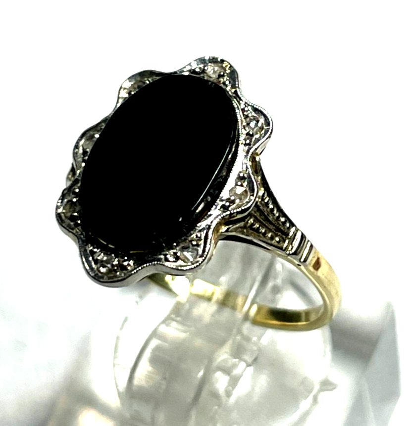 585 Gold 14 K Ring Bicolor orig. Art Deco Onyx Tafel + 8 Diamanten Ø 17,5 RG 551