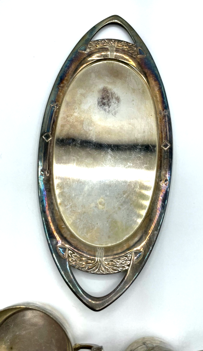 Jugendstil 3er Set Metall versilbert Tablett + Milchschütte + Zuckertopf gepfl.3