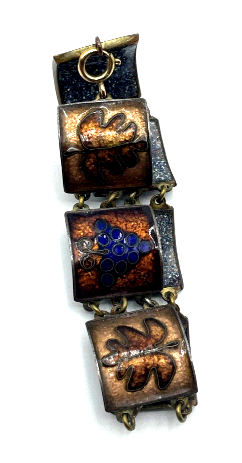 Vintage Emaille Armband Handarbeit Weinlaub Rebe 60s midcentury L 18 cm B 2 cm1