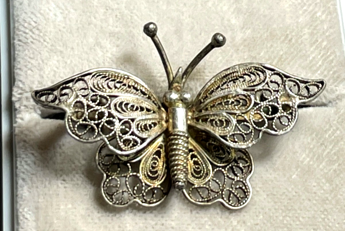 Antik feine 835 Silber Filigransilber Dekor Brosche Schmetterling Handarbeit0