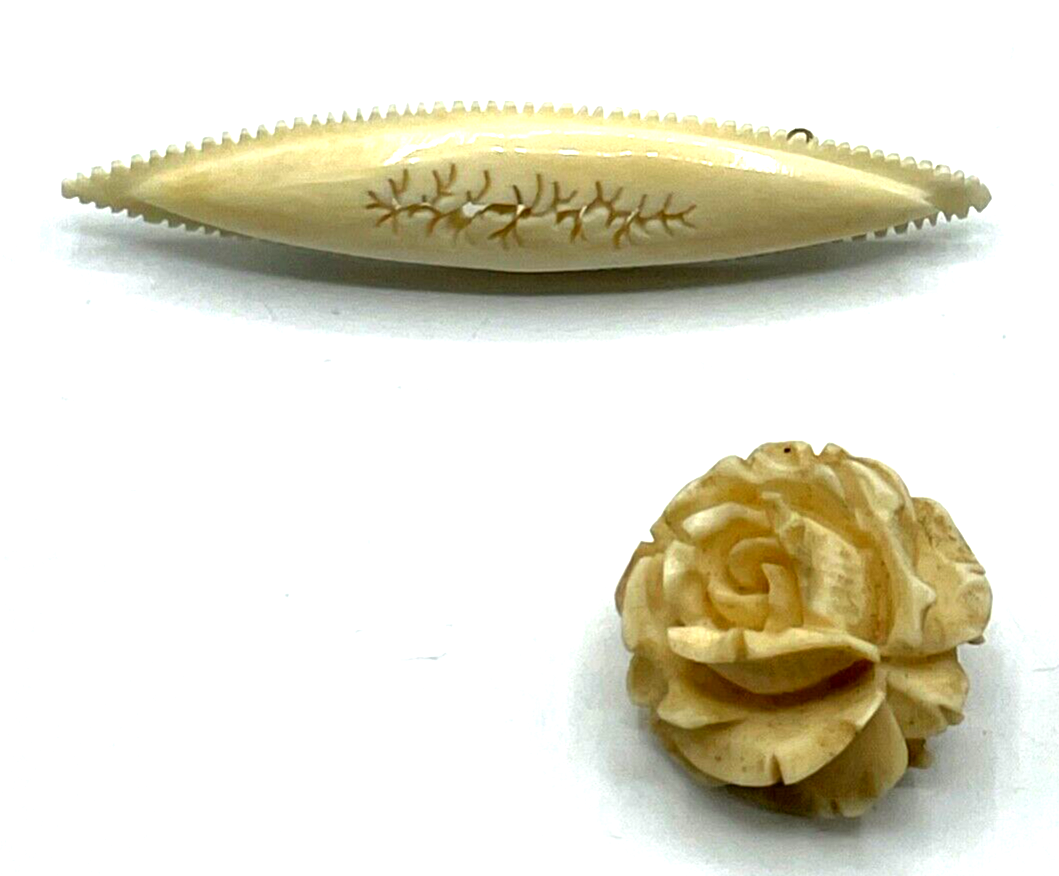 2 x antik Brosche Bein Anstecknadel handgeschnitzt no Ivory!!! Rose Stabbrosche0
