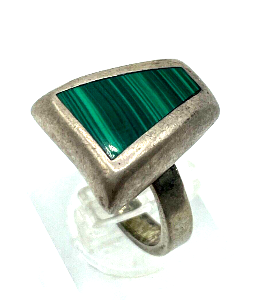 Vintage solider 835 Silber Ring Malachit massiv Ø16mm RG51 Handarbeit midcentury1
