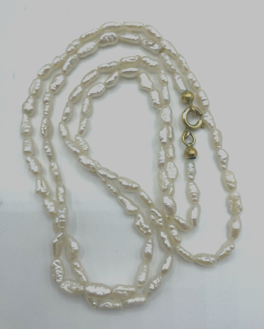 Vintage echte 67 cm Biwa Perlen Kette Perlenkette Reiskorn Golddouble top gepfl3