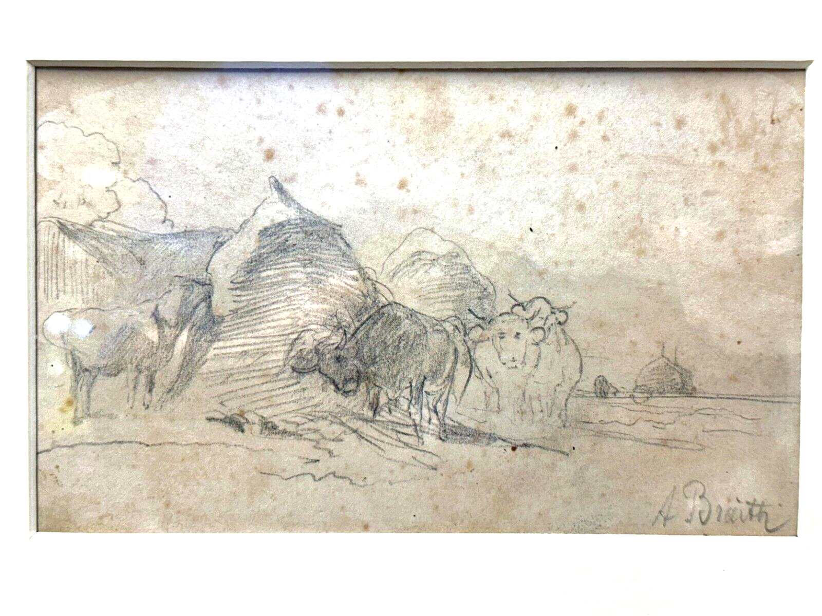 Bleistiftzeichnung - Anton Braith (1836-1905) - Kühe Skizze Studie - gerahmt2