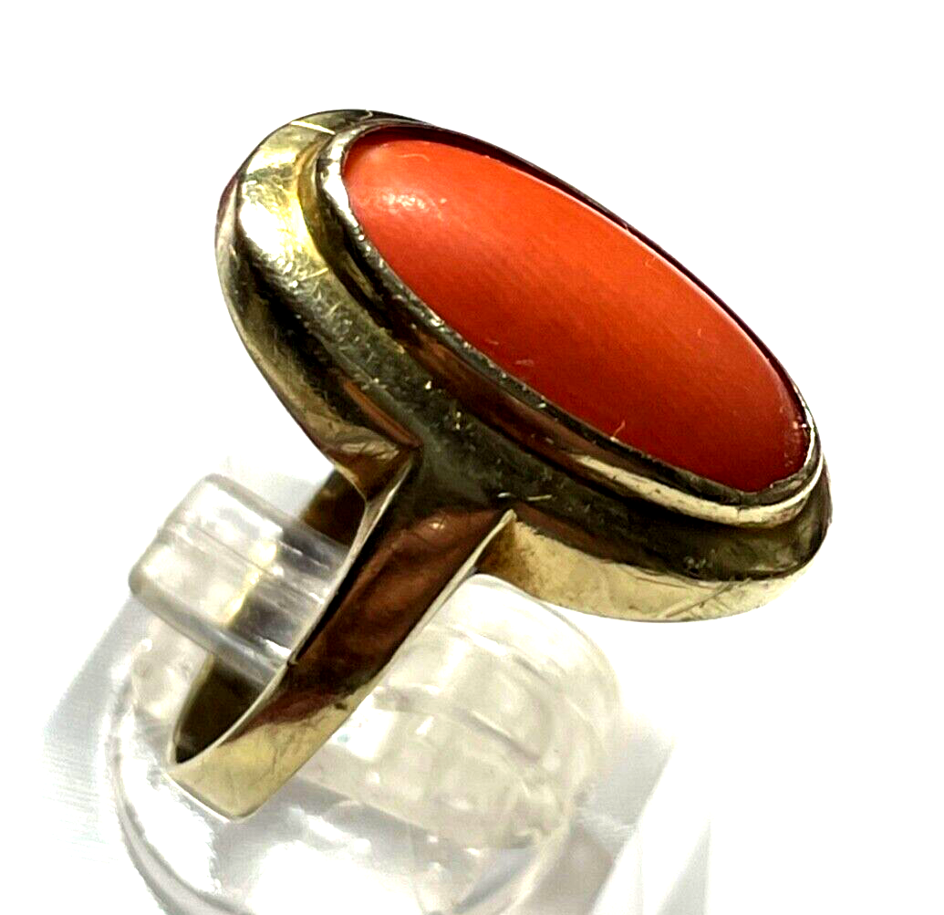 585 Gold 14 K antik Ring oval Koralle Cabochon RG 58 Ø 18,4 mm gebraucht + okay2