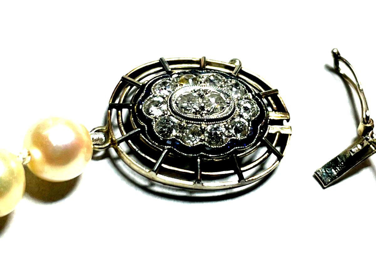 585 Gold Brillanten + Saphire Art Déco Flapper Kette 92 cm Perlenkette Ø 7 mm4