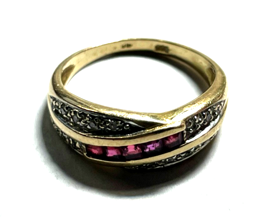 585 Gold 14 K Ring 5 x Rubin + 12 Diamanten Bandring RG 54 Ø 17,2 mm sehr gepfl0