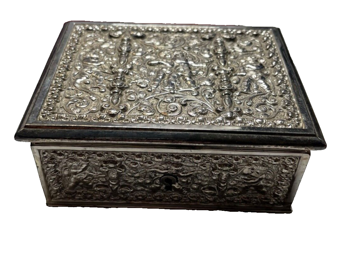 Kleine alte Erhard & Söhne Schatulle Silber farb. Putten Engel Dekor rar Metall2