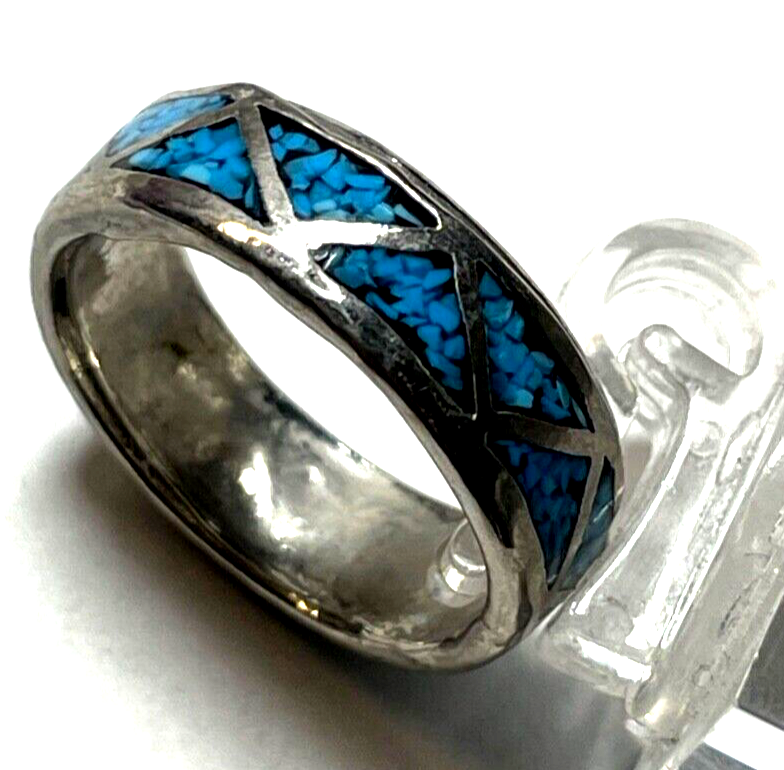 Aparter vintage unisex Bandring 925 Silber Ring mit Türkis Mosaik Ø 17,5mm RG 556