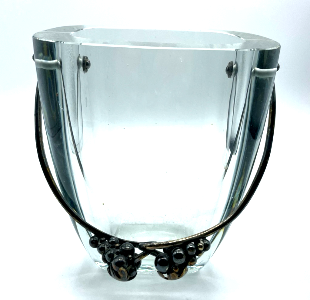 Antik großer schwerer Eiswürfel Behälter Kristallglas 925 Silber Henkel0