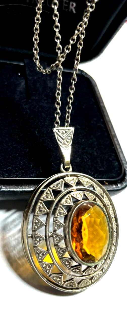 Antik 835 Silber Kette mit großer Anhänger Citrin cognac farbig 20er J gepflegt2