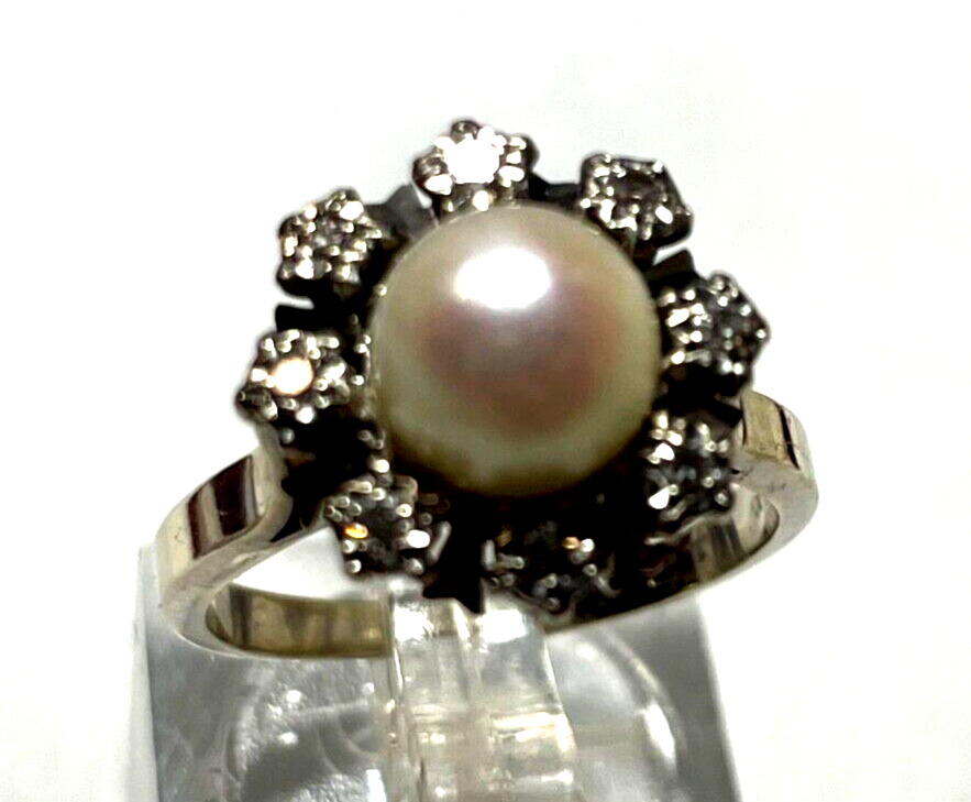 750 Gold 18 K Ring Weißgold Akoya Perle + 8 Brillanten klassisch Juwelier RG 543