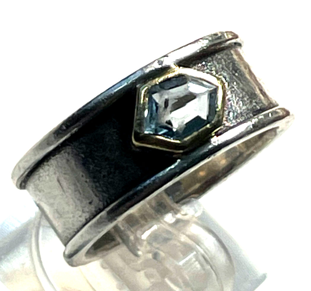Solider 925 Silber Ring Designer Bandring mit Blautopas Handarbeit RG 55 Ø17,5mm1