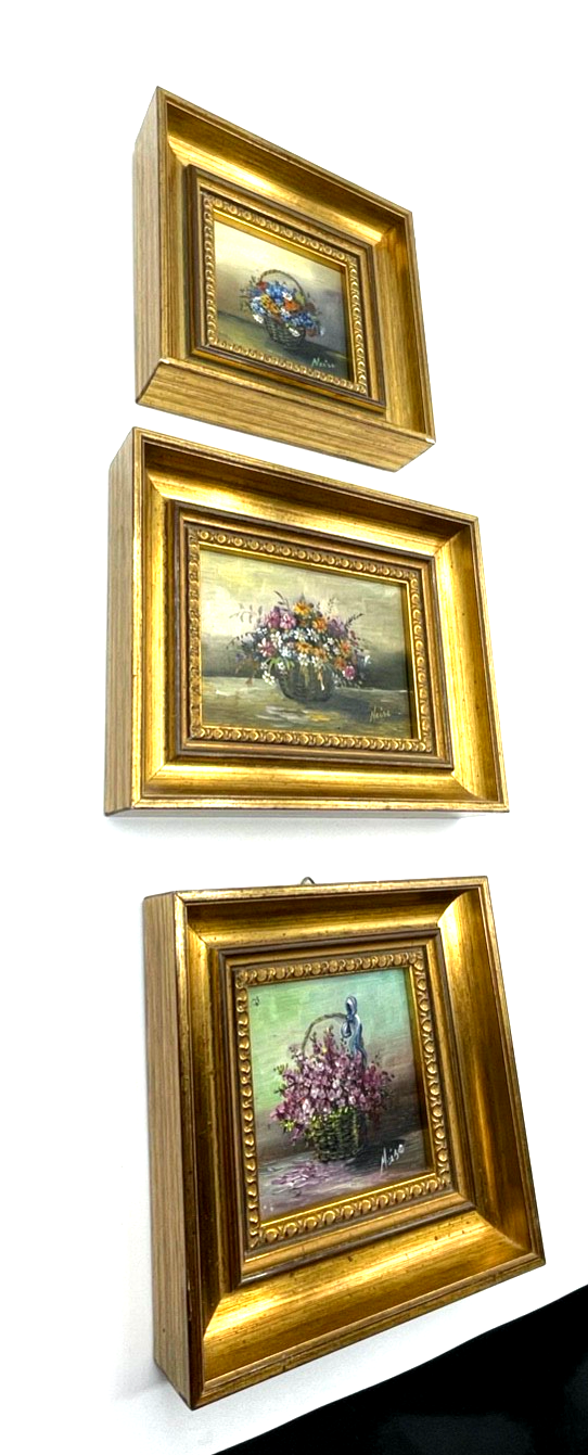 3 reizvolle kleine Ölgemälde Blumen Motive im Goldrahmen Kunstmalerin Neise4
