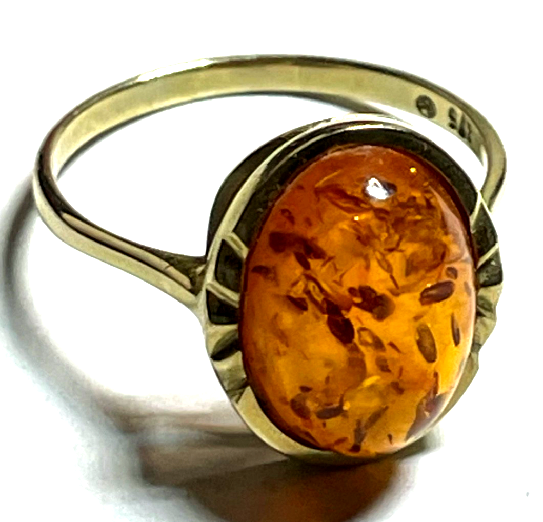 Vintage wunderschöner 375 Gold 9K Ring Bernstein Cabochon Ø 19 mm RG 60 Juwelier9