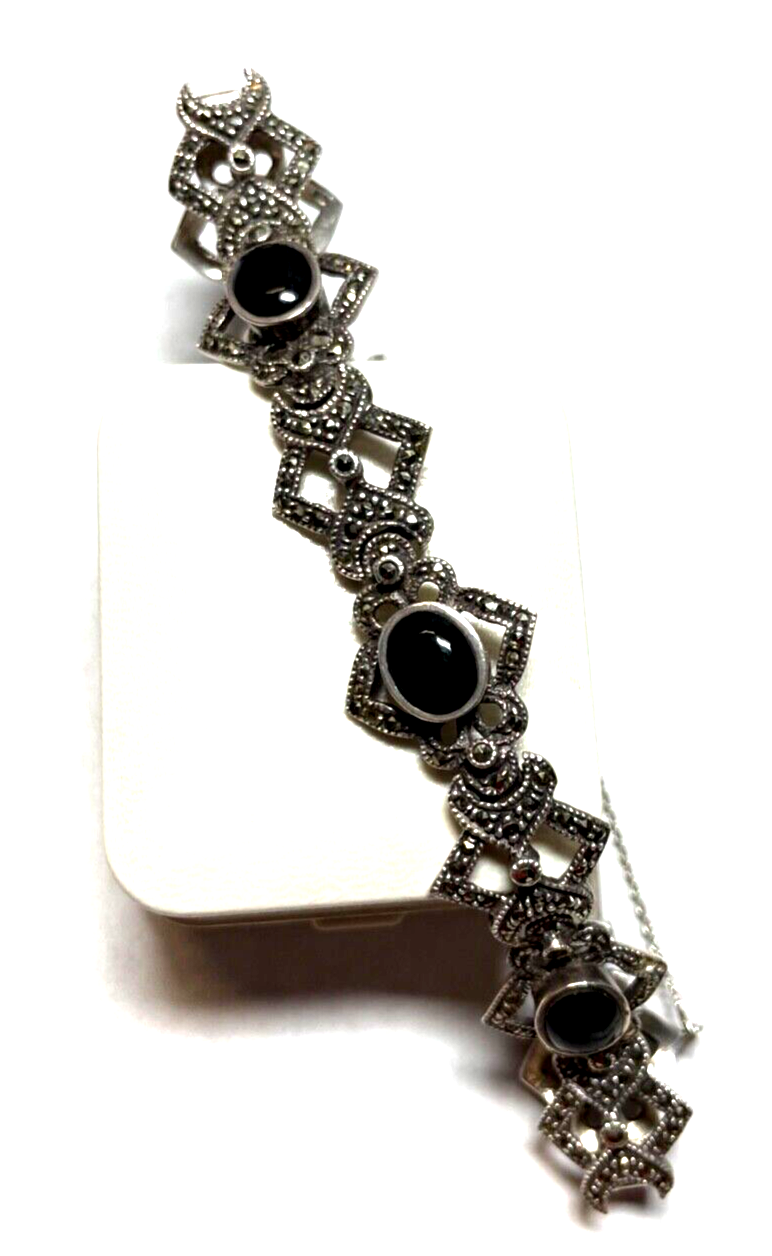 Traumhaftes solides 925 Silber Armband Handarbeit schwarzer Onyx + Markasit0