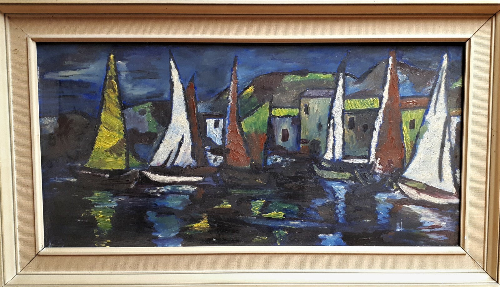 maritimes Ölgemälde - Öl auf Karton - gerahmt - Hafen Szene - 68 x 38 cm0