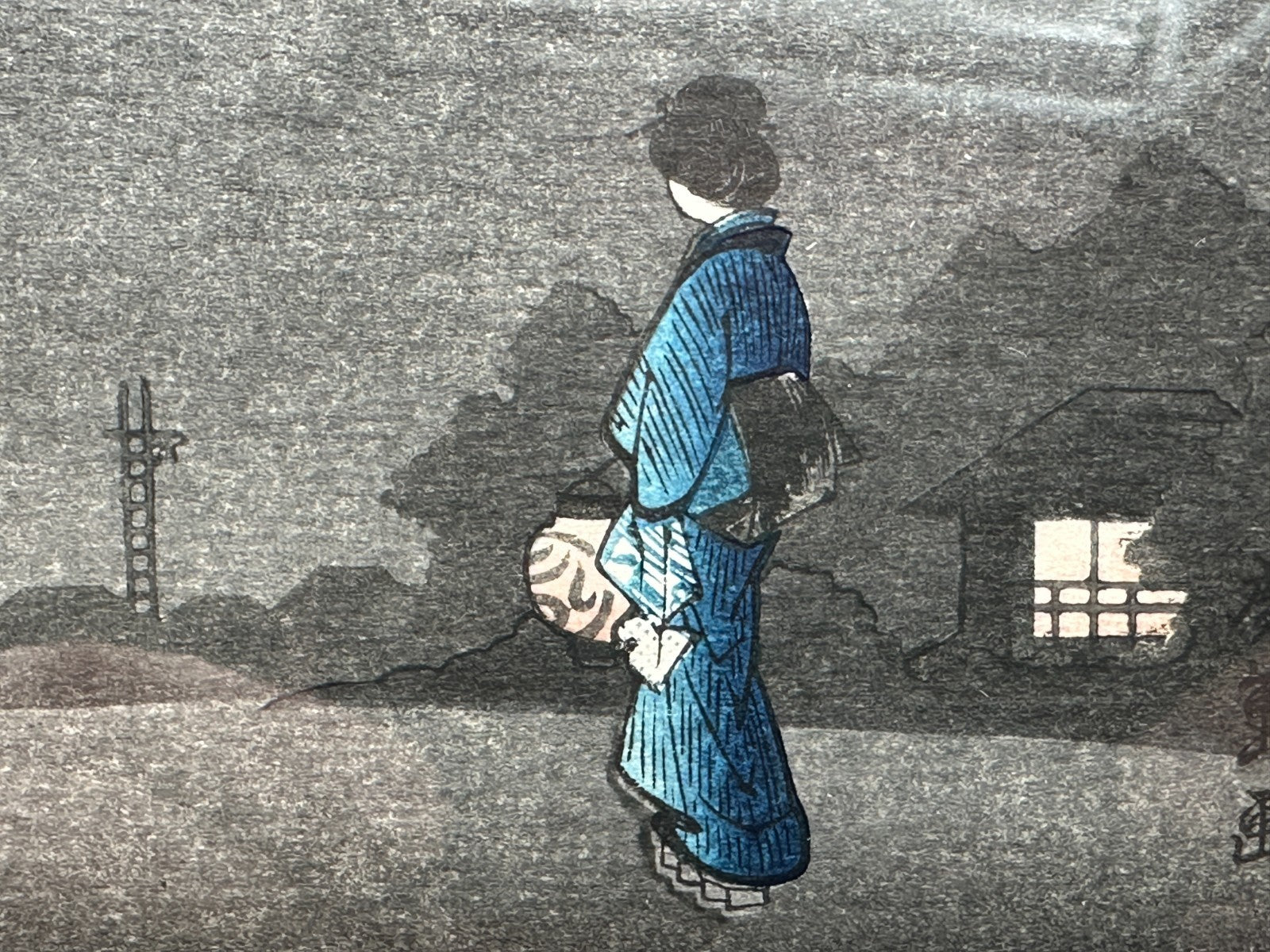 Japanischer Holzschnitt im Stil von Harunobu – Geisha bei Nacht – gerahmte Repro2