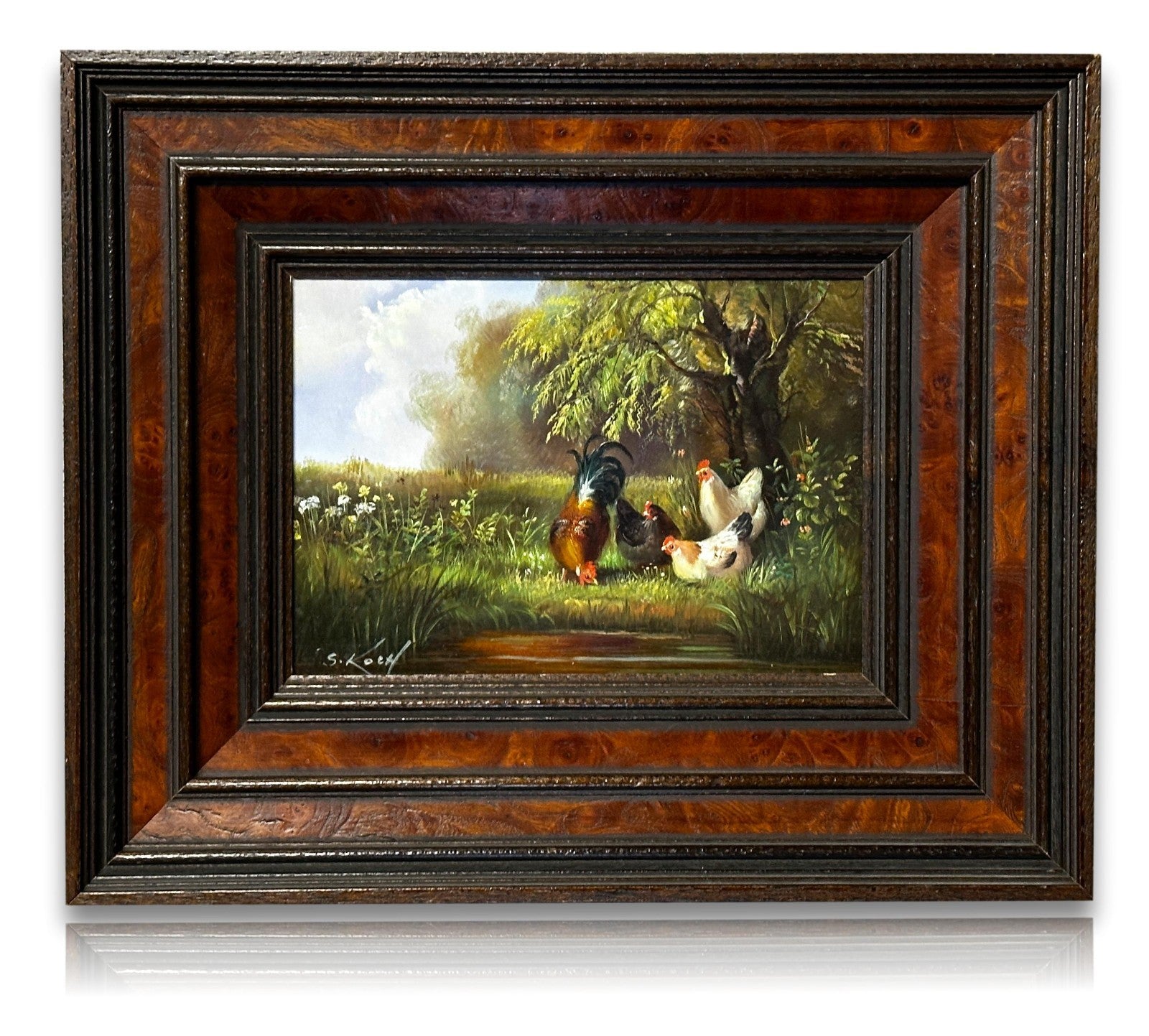 Samuel Koch - Hühner & Hahn am Teich -  Öl/Holzplatte - signiert - Tiermalerei0