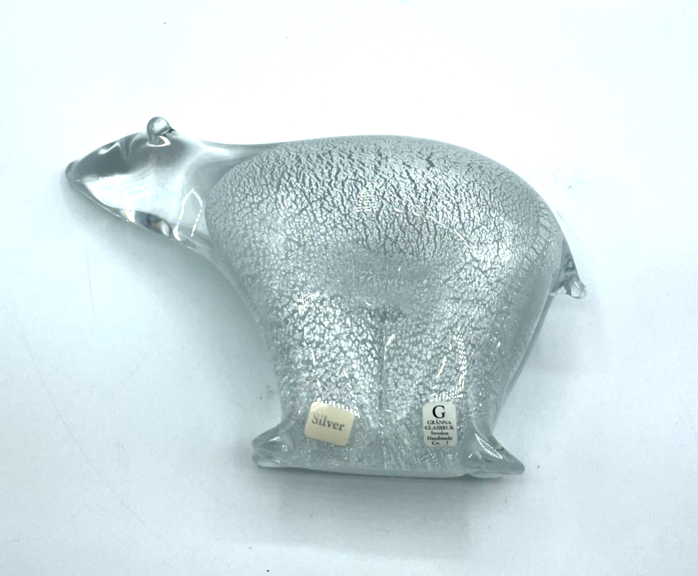 Vintage Glas Figur Eisbär Kunstglas Gränna Glasbruck Sweden Handmade Silver6