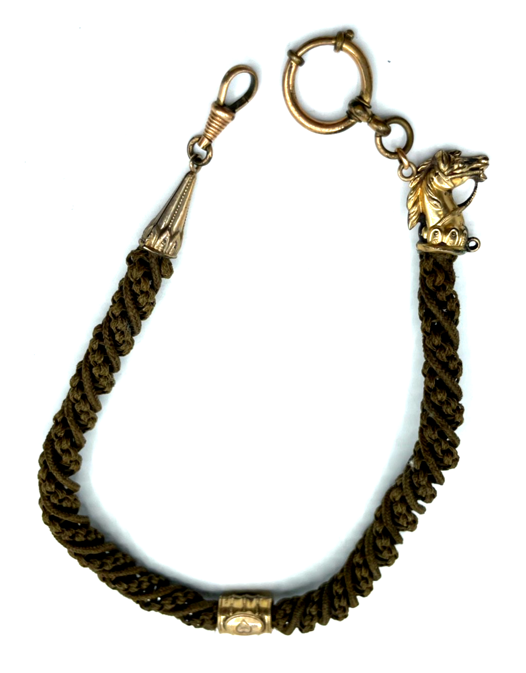 Antik Biedermeier Haarkette Uhrkette Taschenuhrkette Motiv Pferd Dubleegold gepf8