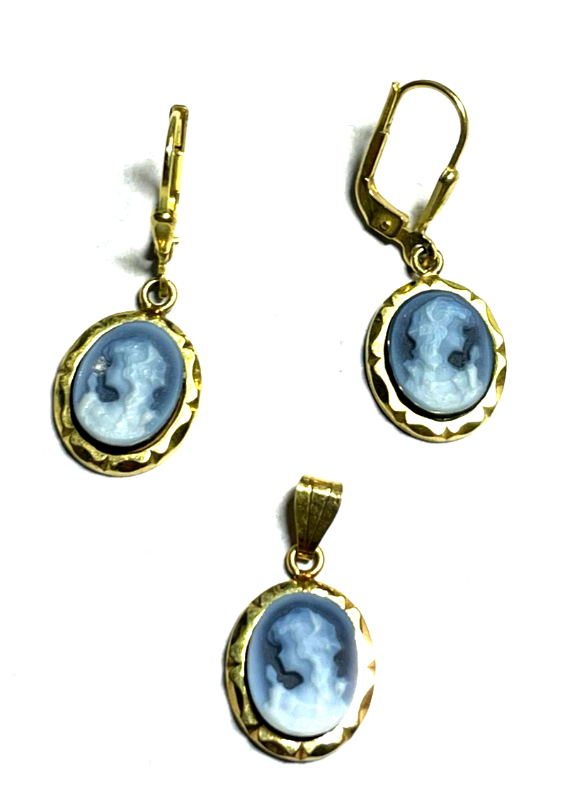 333 Gold Cameo blue Onyx Ohrringe und Anhänger Set Kamee4
