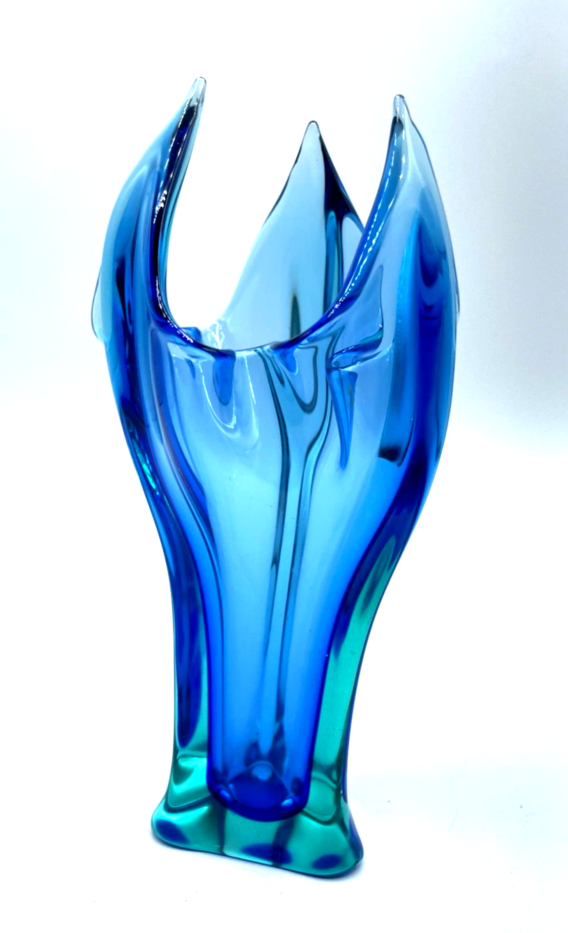 original mid century Murano Glaskunst Sommerso Flavio Poli Vase Blau + Grün1
