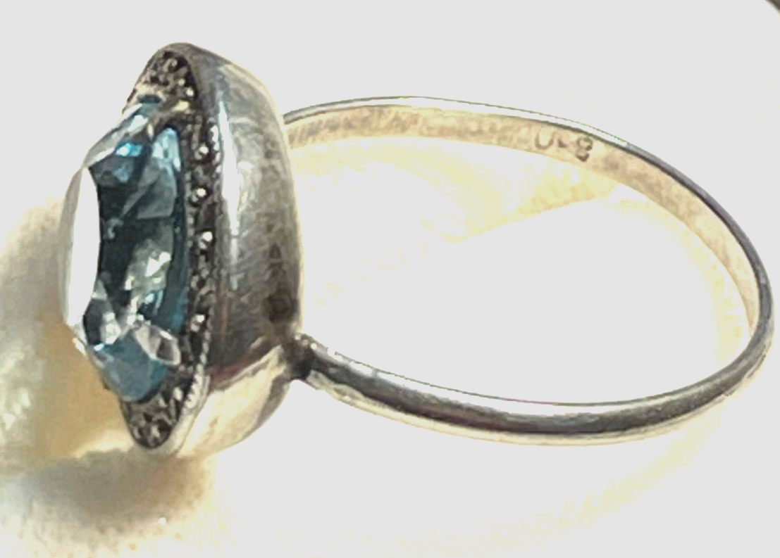 Antik 830 Silber Ring aquamarin farbig wasserblau Spinell 30erJ RG 53 Ø 16,8 mm9