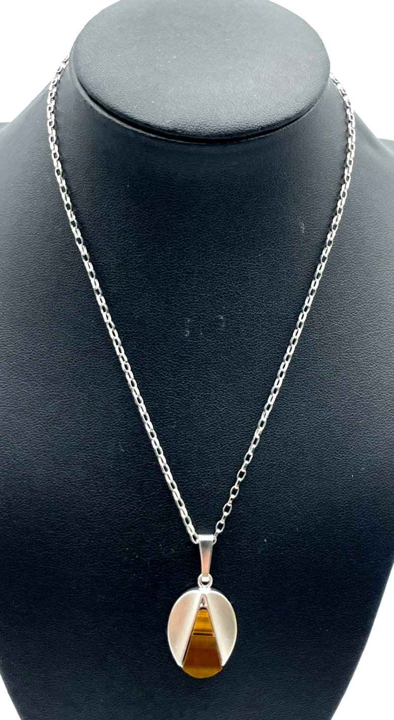 Modernist orig. 70er J Design Halskette + Anhänger Tigerauge Silber rhodiniert0