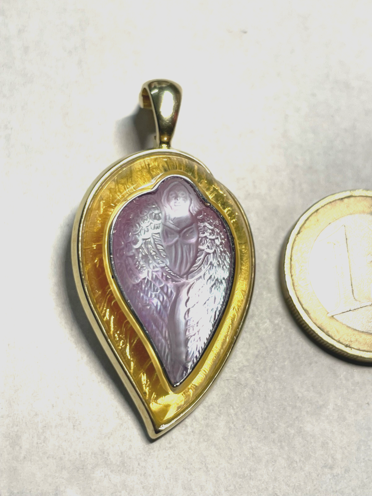 Massiver 585 Gold 14 K Clip Anhänger Bergkristall Cameo Schutzengel Juwelier6