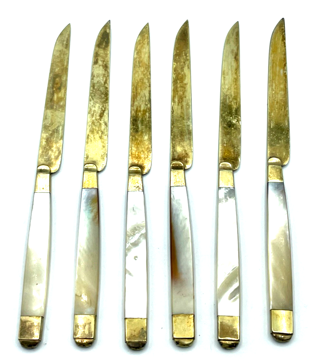 Antik 6 Dessert Messer Messing mit Perlmutt Griff BOPP. A Biberach um 1900 gepfl5