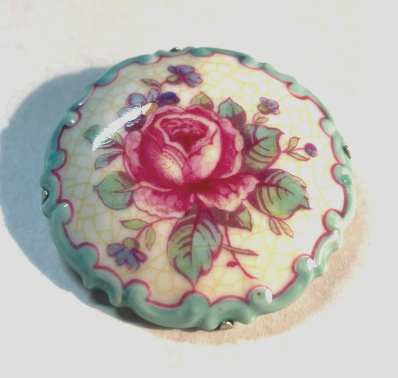 Antik Rosenthal Porzellan Brosche 20er 30er J Rosen Motiv Ø 47 mm handgemalt6
