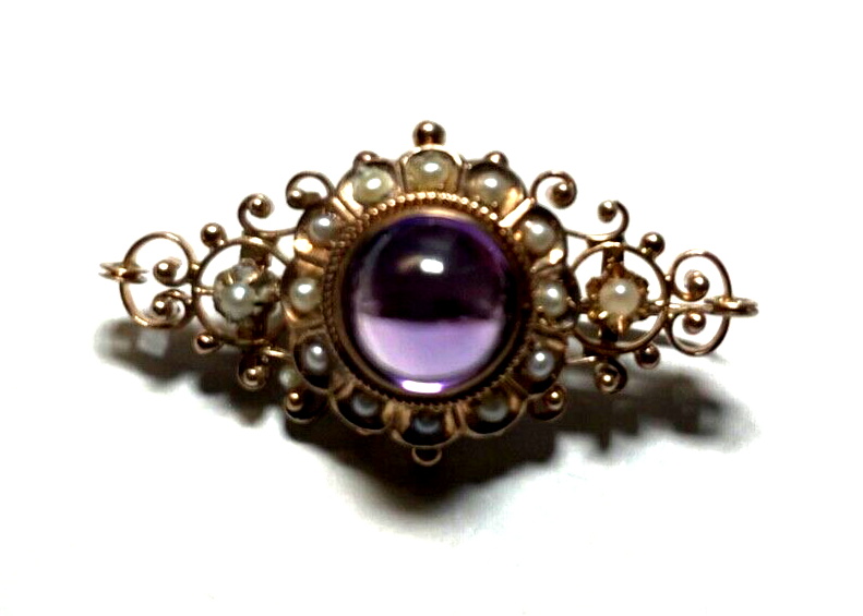 Antik 8 K Gold 333 Brosche Amethyst Cabochon Orientperlen Historismus Saatperlen3