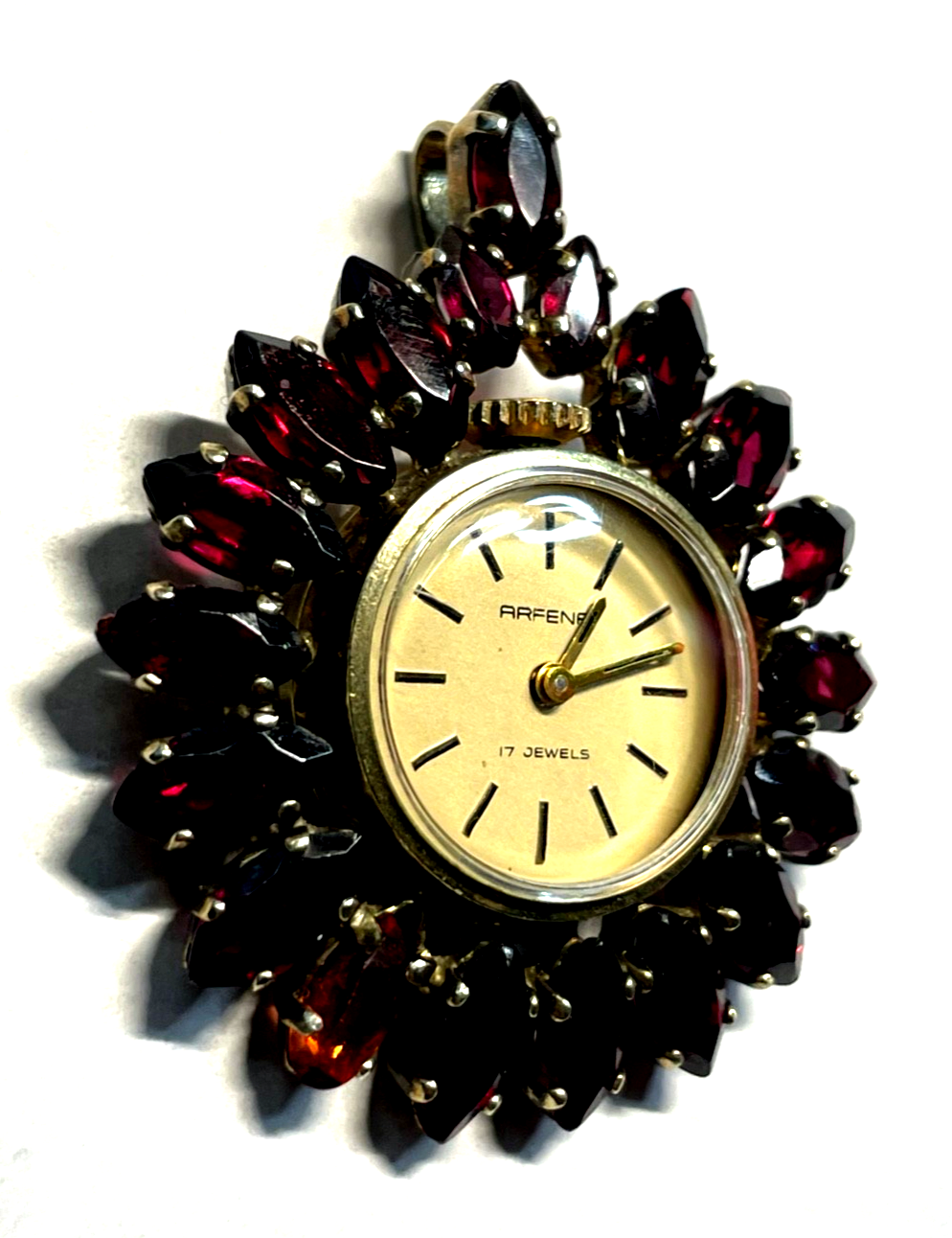 Vintage mech. Arfena Kettenuhr Silber vergoldet Granat Besatz Uhr läuft tiptop1