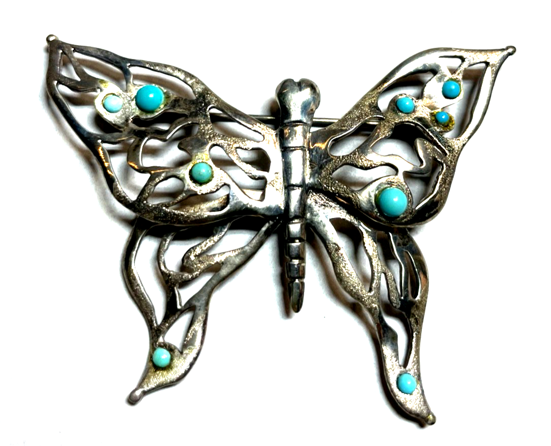 Gr. 925 Sterling Silber Schmetterling Brosche Anhänger mit 9 Türkisen Handarbeit0